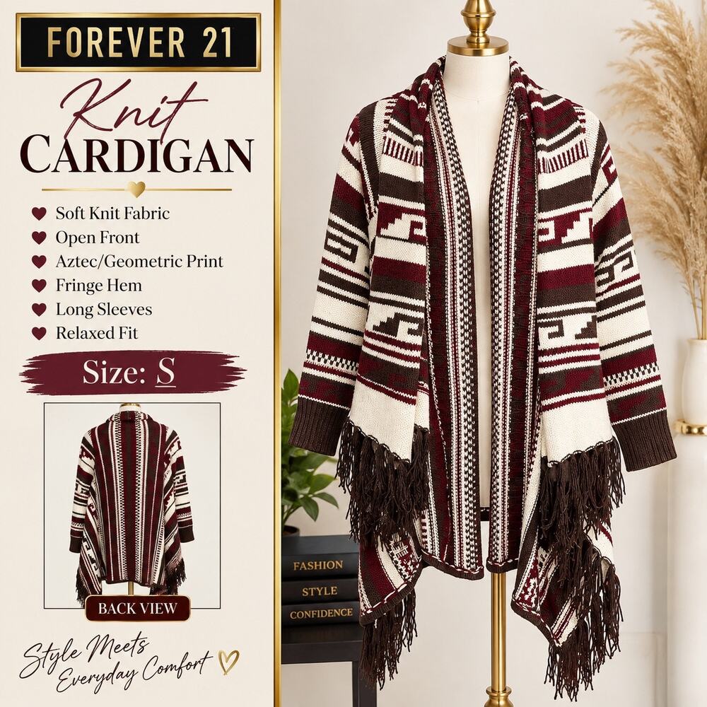 Forever 21 Women’s Small Aztec Geometric Open Front Fringe Knit Cardigan Boho